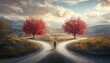 © Studicon - A lone person is seen standing in the middle of a road that splits into two paths, each path flanked by a striking red tree, with a serene mountain landscape in the background.