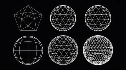 “Geometric wireframe artwork three spheres, three pentagons, two rows, precise arrangement, contrasting sharply on black