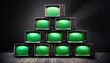 © Cynthia - stack of retro televisions with glowing green screens arranged in dark room evoking nostalgia