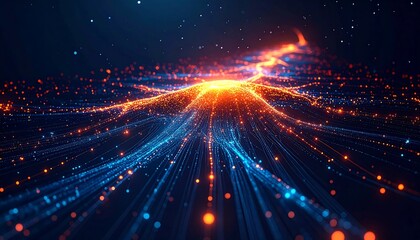 A captivating digital art piece showcasing a dynamic flow of interconnected blue and orange light particles, suggesting data transfer, network communication, or an abstract representation of energy an