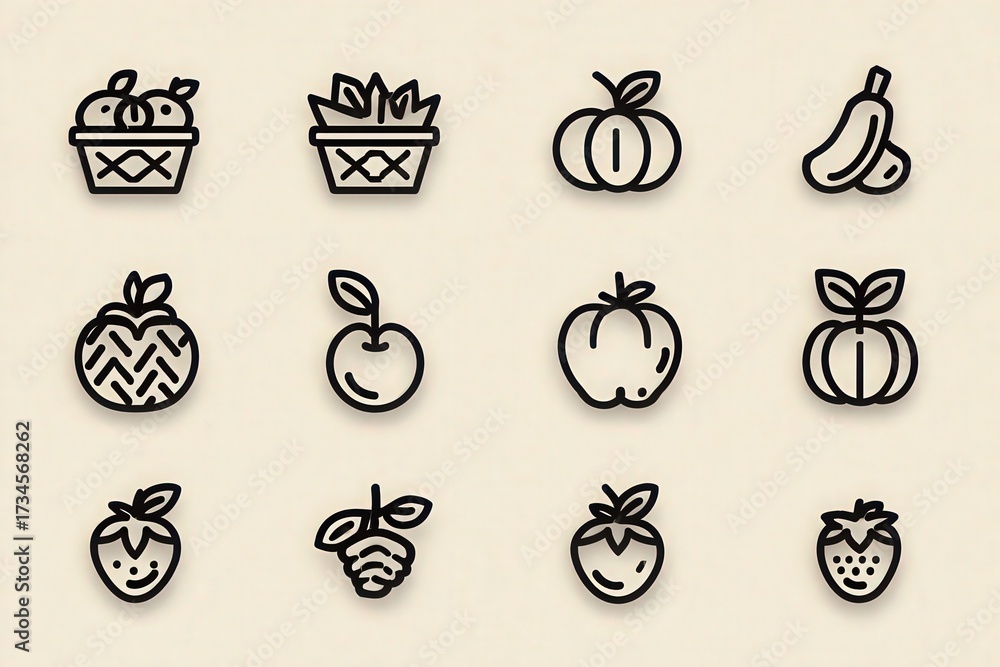 This graphic features a grid of twelve minimalist fruit and vegetable icons.
