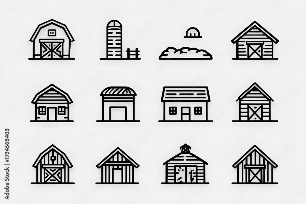 Line art includes different farm structures like barns, a silo, and storage sheds. Each building features minimalistic design elements, creating a cohesive visual collection.