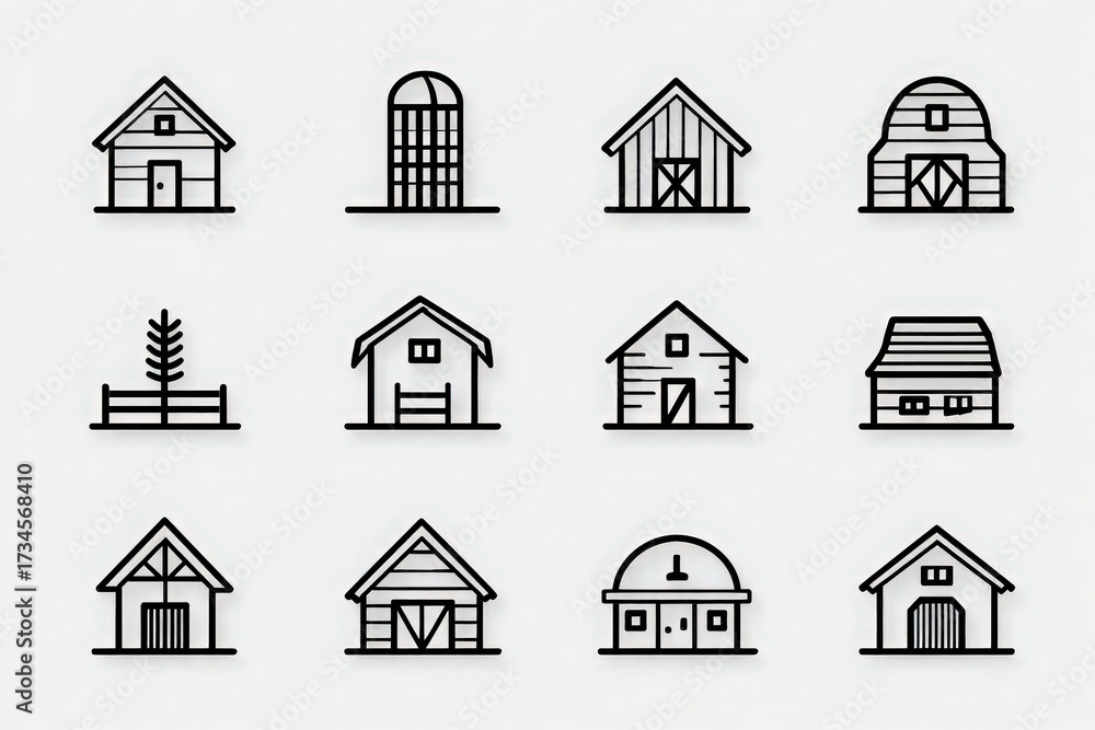 This artwork showcases a variety of farm buildings designed in a minimalist line art style.