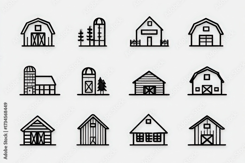 This collection showcases different icons of barns and farm buildings arranged in a grid. Each structure has a minimalist outline, emphasizing simplicity and modern aesthetics.
