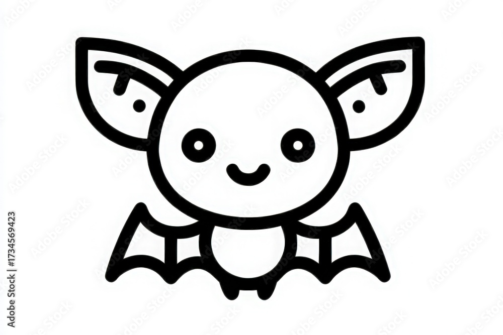 This illustration features a cute cartoon bat with large ears and a cheerful expression. The bat has small wings and a round body, designed in a simple style, perfect for children.