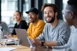 © Denis Tuev - Group of diverse professionals engaged in a collaborative meeting, smiling and discussing ideas around a wooden table, showcasing teamwork and creativity in a modern office environment