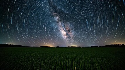 Wall Mural - Spectacular night sky timelapse revealing star trails and the Milky Way over a peaceful, open crop field slow motion, landscape, calm