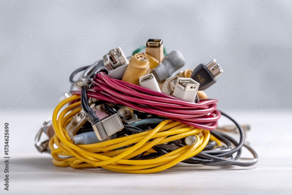 Tangled computer cables and adapters in messy pile on clean white ...