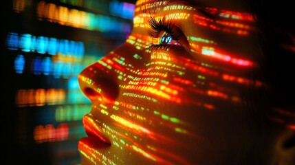 Woman's face, data projection, digital code, night, tech