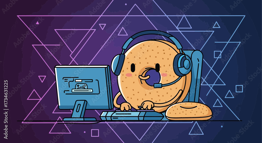 Donut gamer character playing video games on a desktop computer setup ...
