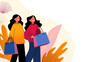 © kora studio - Two women shopping with colorful bags, surrounded by autumn leaves