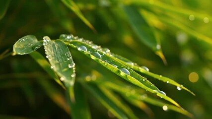 Wall Mural - serene timelapse of shimmering dew drops slowly evaporating from lush green bamboo leaves under morn