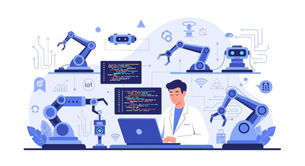 Illustration of a robotic engineer programming automated systems for industry innovation