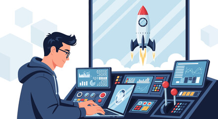 Illustration of a Startup Launch with Programmer and Rocket, demonstrating innovation and success