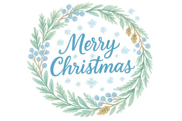 Wall Mural - Christmas wreath with merry christmas text, winter berries, fir branches, snowflakes, watercolor illustration