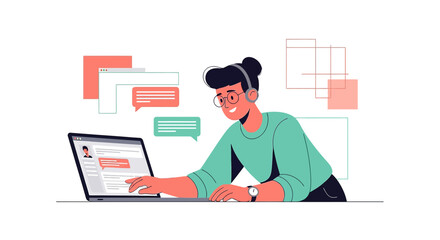 Woman working on laptop with chat bubbles, vector illustration for technology concept or online