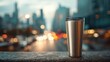 © BELAL - Stainless steel tumbler on blurred urban city night background with bokeh lights
