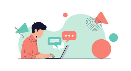 Conceptual illustration of a man using a laptop for communication and work purposes depicting