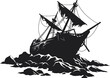 © mrvect02 - Silhouette of a beached shipwreck amidst jagged rocks detailed nautical art flat design vector illustration white background