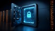 © saha - Glowing digital lock is overlayed on bank vault door, symbolizing cybersecurity and data protection. futuristic setting emphasizes secure technology and encryption