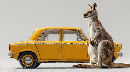 Canvas Print -   A kangaroo stands on hind legs near a parked yellow car in front of a white wall