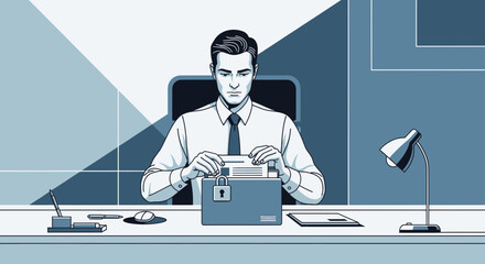 Cartoon businessman securing documents in a locked file folder at his office desk representing