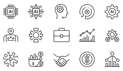 Collection of line icons showing artificial intelligence, robot, neural networks, and business workflow for innovation design