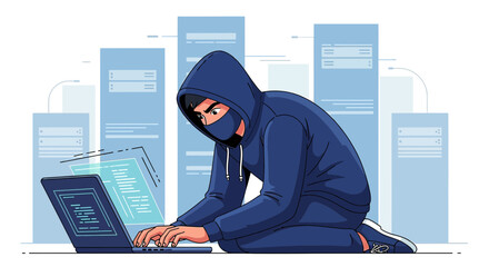Cybersecurity threat illustration featuring a hooded hacker using a laptop for unauthorized access