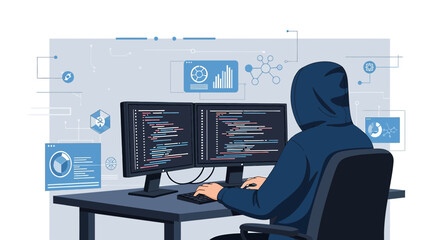 Cybersecurity threat illustration with a hacker coding on dual monitors at a desk
