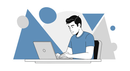 Illustration of a focused young man working on a laptop in a modern workspace