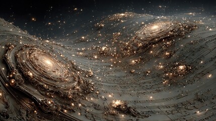 Wall Mural -   A cluster of musical notes suspended in the air near a spiraled structure illuminated by lights