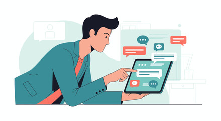 Man using a tablet for messaging and communication illustration for digital solutions