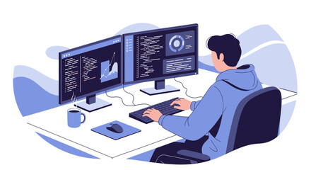 Professional programmer coding on multiple monitors at a workstation with cup and mousepad,