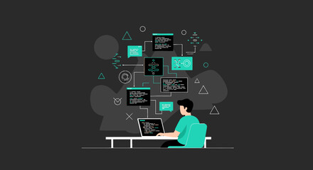 Software developer coding and debugging a program working with data flow diagrams illustration