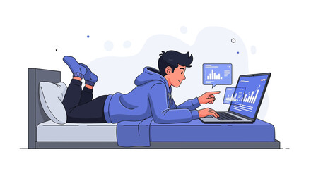 Young professional analyzing financial data on a laptop while relaxing at home on the bed