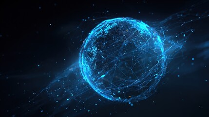 Wall Mural -   Blue sphere with lines & dots on black background
