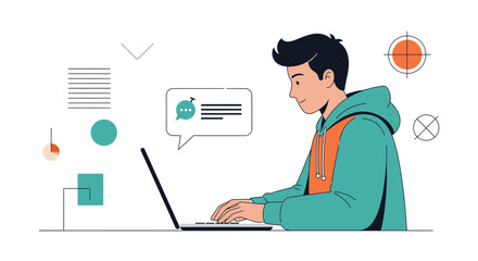 Illustration of a young man working on a laptop with communication bubbles and design elements