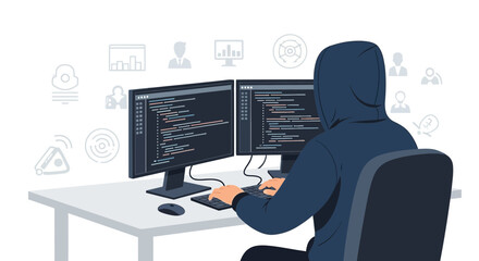 Conceptual illustration of a hacker working on dual monitors with code and data symbols