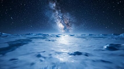 Wall Mural - Overhead drone shot slowly descends towards a desolate, icy landscape under the magnificent, shimmering expanse of the Milky Way awe, antarctic, majestic