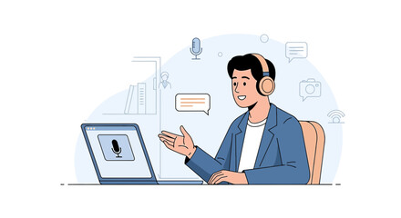 Illustration of a man with headphones using a laptop for online communication or podcasting