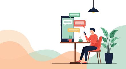 Man chatting on mobile phone at cafe illustration depicting modern communication and lifestyle