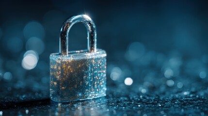 A digital padlock icon shines against a vibrant blue background, enhanced by light rays and a bokeh effect, symbolizing high-tech security and cyber protection for network systems.