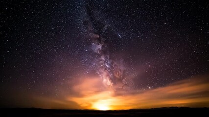 Wall Mural - night sky full of stars gradually fades to a bright morning, showcasing a celestial dawn as the sun 