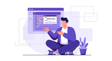 Developer sitting in lotus position with coding software interface illustration vector