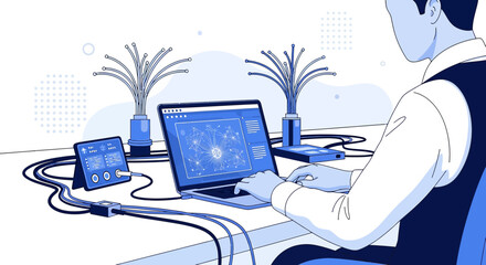 Illustration of a man working on a laptop with a network connection concept design vector