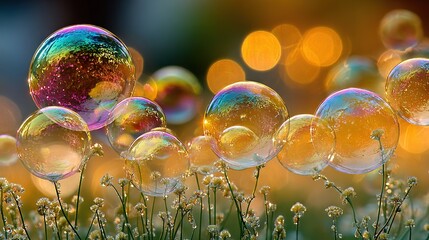 Wall Mural -   A cluster of soap bubbles perched on a dewy grass