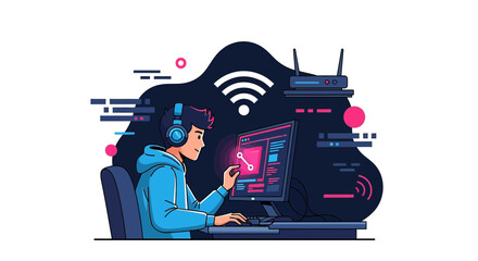 Illustration of a programmer or gamer working on a computer with a wireless connection