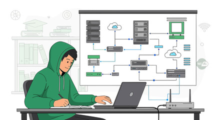 Illustration of a student learning about network architecture and cloud computing