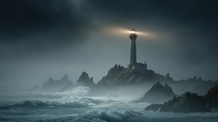 Wall Mural - A striking photo of a lonely lighthouse on steep rocks, piercing the thick fog with a beam of light, with dramatic waves crashing below, a dark romantic atmosphere
