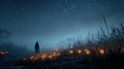 Wall Mural -   A person amidst a sea of pumpkins, bathed beneath star-studded skies